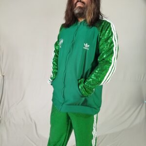 Korn-inspired costume set – Green tracksuit with sequins and customizable embroidery for cover bands.