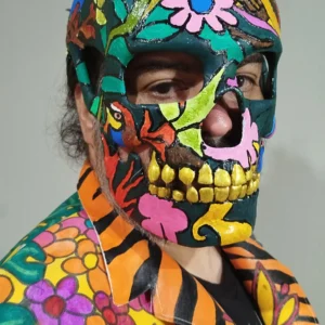 Colorful Wes Borland-style mask with feathers – An artistic mask inspired by alternative performance art.