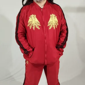 Korn-inspired costume set – Red tracksuit with black stripes and gold embroidery.