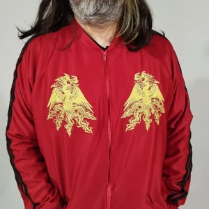 Korn-inspired costume set – Red tracksuit with black stripes and gold embroidery.